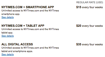 New York Times - Subscription Prices